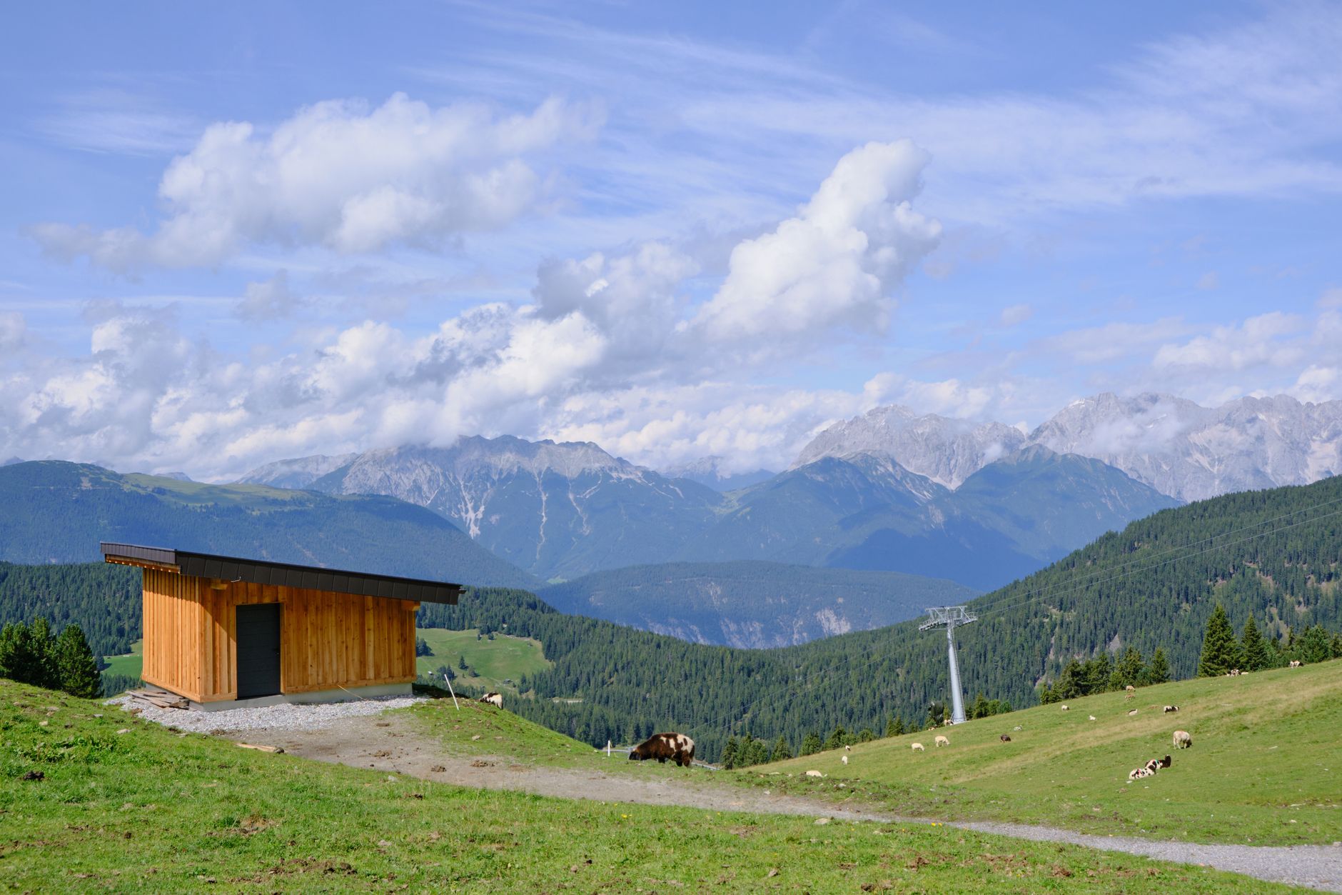 South Tyrol high valley with mountain timber chalets